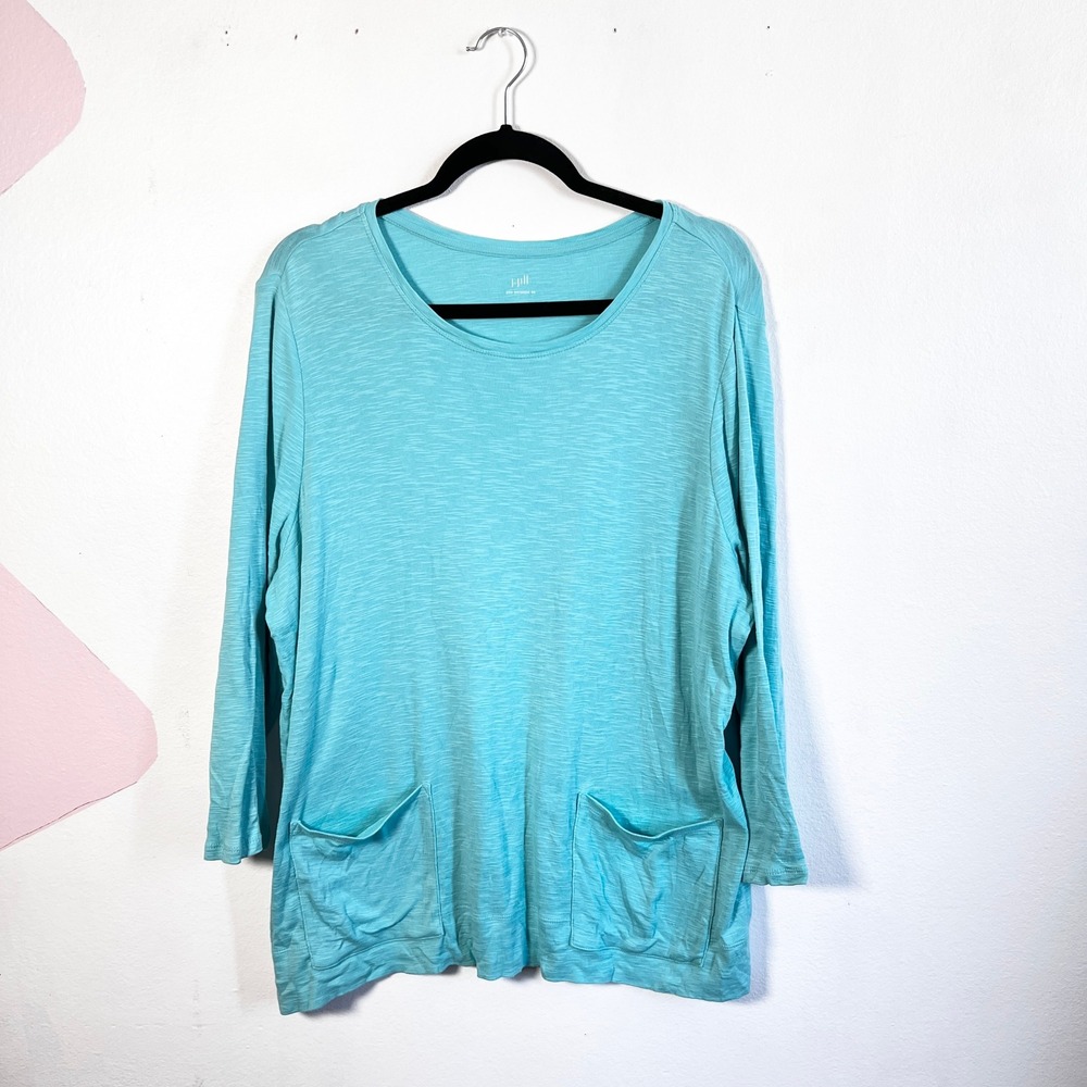 J Jill Womens Pima Two Pocket Tee Top Size XL Blue 3/4 Sleeve Boxy Cotton Casual